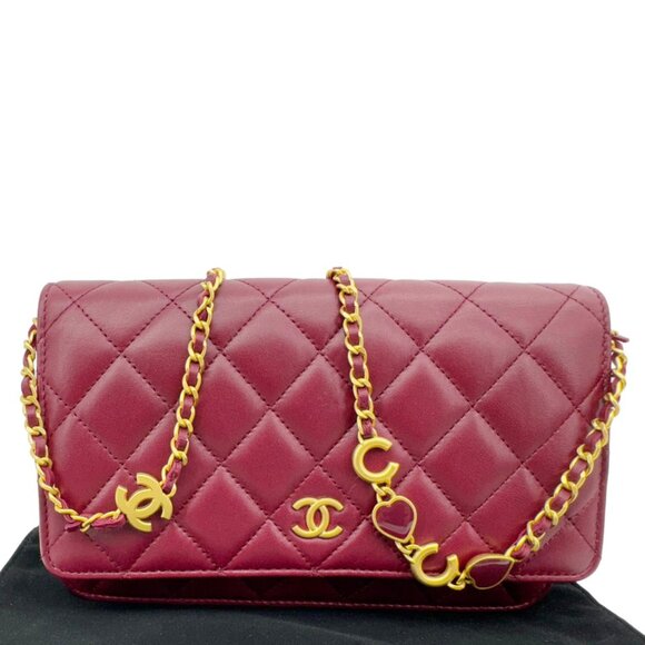Chanel  Coco Hearts Quilted Leather Wallet On Chain WOC Burgundy - Picture 3 of 14